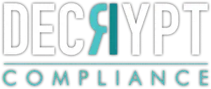 Logo for Decrypt Compliance with the word Decrypt in bold uppercase letters, featuring a stylized backward R. The word Compliance appears below in smaller uppercase letters with a teal underline.