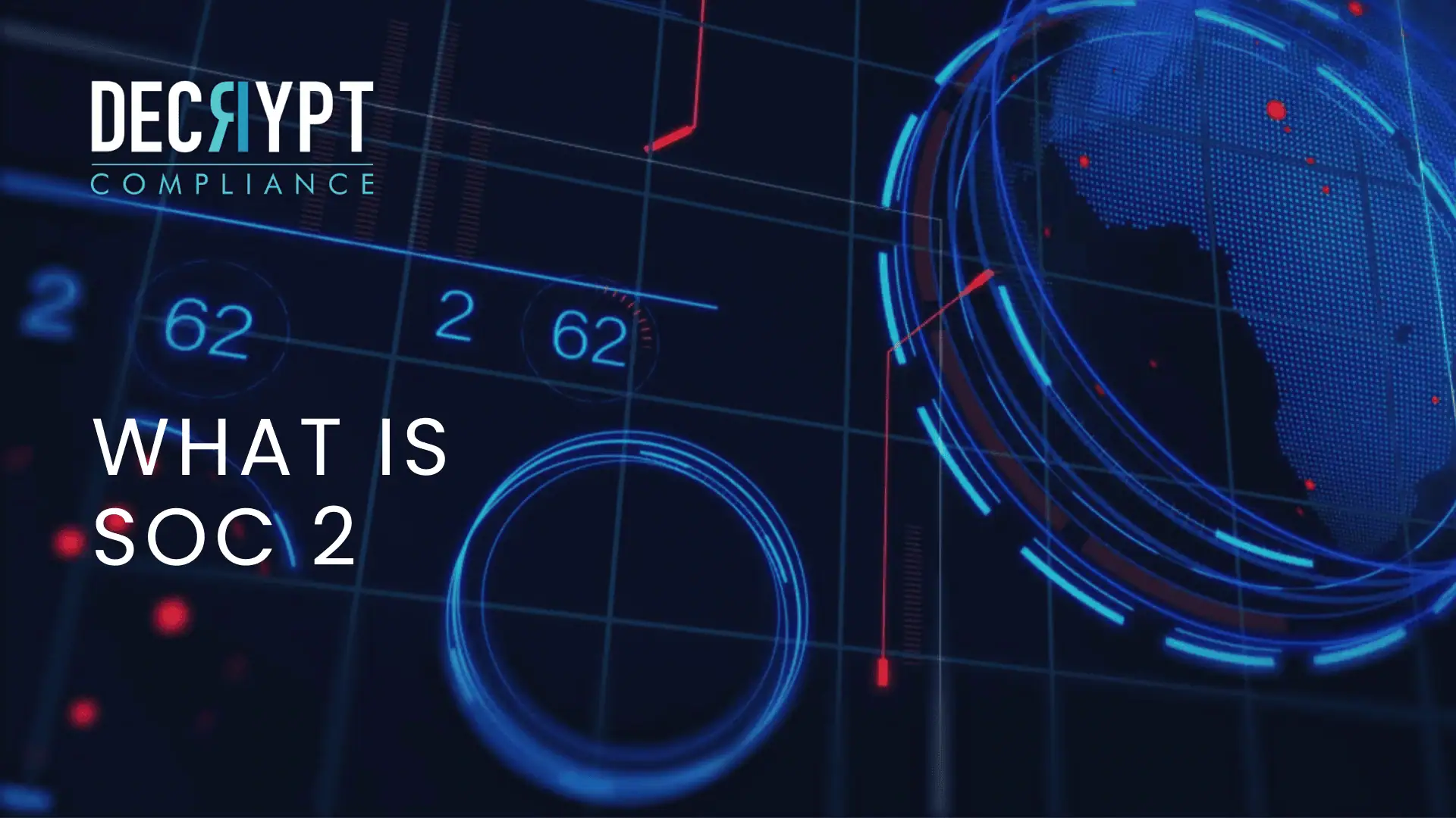 A digital graphic with a blue and red grid, circular tech elements, a partial globe, and the text DECRYPT Compliance and WHAT IS SOC 2 on the left side highlights essential SOC 2 compliance concepts for businesses.