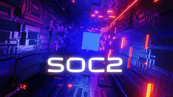 Futuristic digital tunnel with glowing blue and pink lights, circuit-like patterns, and the text "SOC2 Reports Explained" illuminated in the center.
