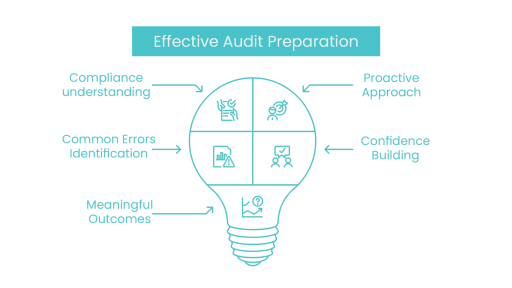 A lightbulb graphic labeled Effective Audit Preparation with four sections: Compliance Understanding, Common Errors Identification, Compliance Audit Mistakes, Proactive Approach, and Confidence Building.
