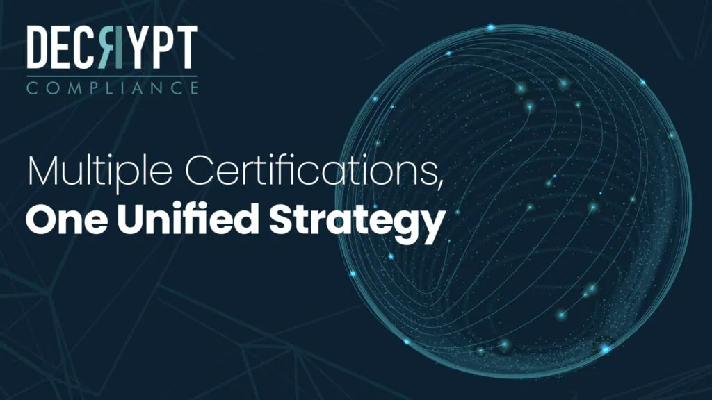 The image shows the Decrypt Compliance logo and the tagline Multiple Certifications, One Unified Strategy beside a digital globe with network lines and dots, emphasizing a unified approach to multiple certifications on a dark blue background.