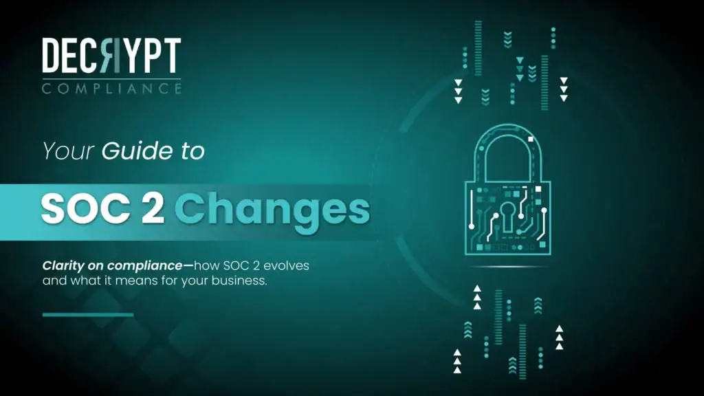 A digital graphic with a teal background shows the text Your Guide to SOC 2 Changes and Clarity on compliance—exploring the evolution of SOC 2 and what it means for your business, alongside a circuit-patterned padlock illustration.