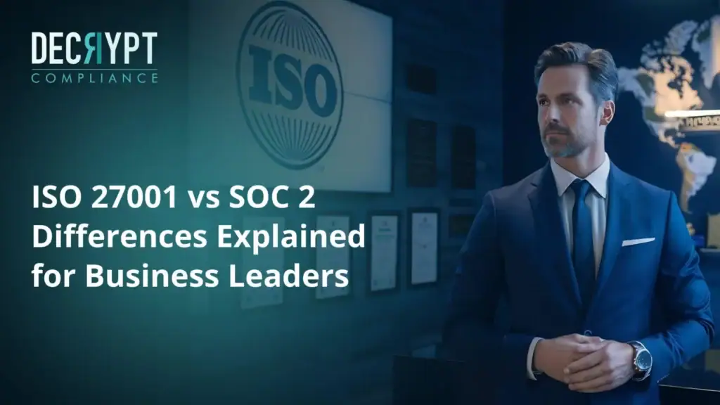 A professionally dressed man stands in an office with ISO logos and certificates on the wall. Text reads: ISO 27001 vs SOC 2 Differences Explained for Business Leaders. The Decrypt Compliance logo is at the top left.