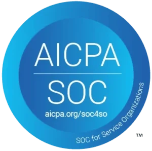A blue circular badge with AICPA SOC in white text, aicpa.org/soc4so below, and SOC for Service Organizations along the bottom edge.