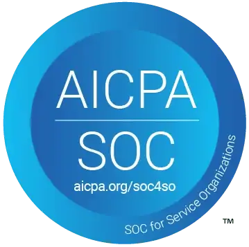 A blue circular badge with AICPA SOC in white text, aicpa.org/soc4so below, and SOC for Service Organizations along the bottom edge.