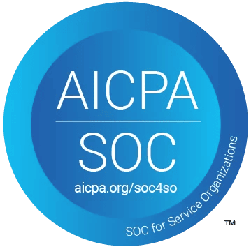 A circular blue badge with the text AICPA SOC in the center. Below is aicpa.org/soc4so, and SOC for Service Organizations curves along the bottom edge.