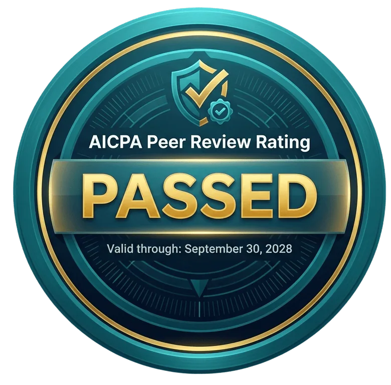 A circular badge with AICPA Peer Review Rating at the top, a shield and checkmark icon, the word PASSED in large gold letters, and Valid through: September 30, 2028 at the bottom.