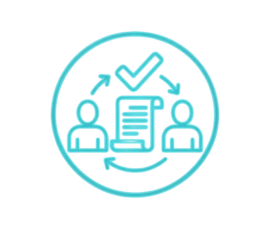 A blue outlined icon showing two people with arrows between them, a document in the center, and a checkmark above, representing approval or agreement between individuals.