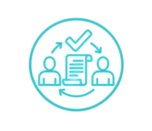 A blue outlined icon showing two people with arrows between them, a document in the center, and a checkmark above, representing approval or agreement between individuals.