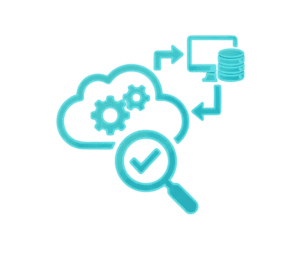 Blue cloud computing icon showing gears inside a cloud, a magnifying glass with a checkmark, and arrows connecting to a computer and a database, representing data analysis or cloud data integration.