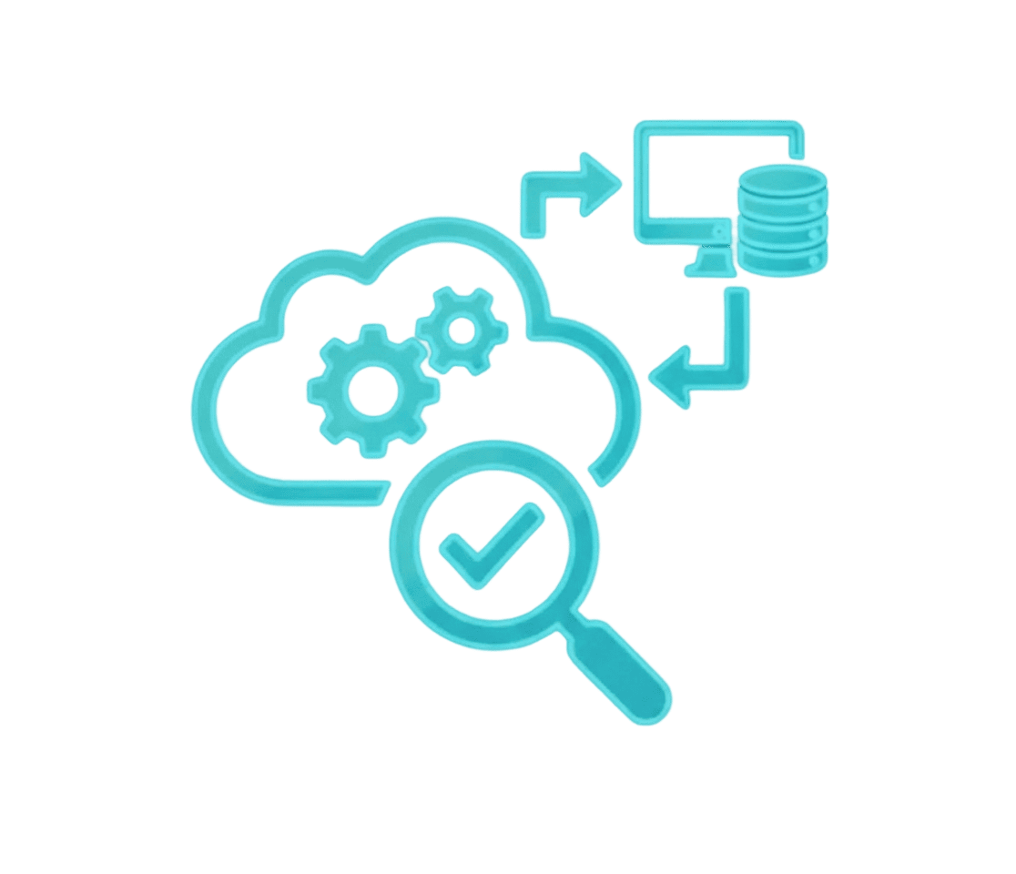 Blue cloud computing icon showing gears inside a cloud, a magnifying glass with a checkmark, and arrows connecting to a computer and a database, representing data analysis or cloud data integration.