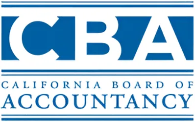 Logo of the California Board of Accountancy, featuring large blue letters CBA above the words California Board of Accountancy in blue uppercase text, with horizontal blue lines above and below the text.