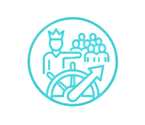 A turquoise line drawing of a crowned figure pointing forward, standing by a ships wheel with an arrow, and a group of people behind, symbolizing leadership and guidance.