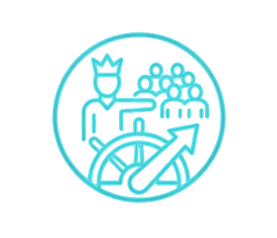 A turquoise line drawing of a crowned figure pointing forward, standing by a ships wheel with an arrow, and a group of people behind, symbolizing leadership and guidance.