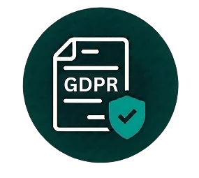 A circular icon with a document labeled GDPR and a shield with a checkmark, symbolizing data protection and compliance with the General Data Protection Regulation.