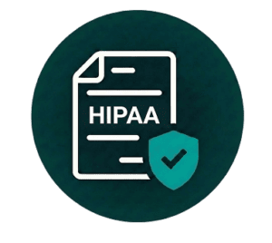 A graphic of a document labeled HIPAA with a shield and checkmark, symbolizing health information privacy and security compliance.