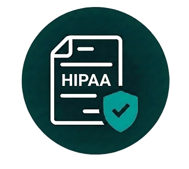 A graphic of a document labeled HIPAA with a shield and checkmark, symbolizing health information privacy and security compliance.