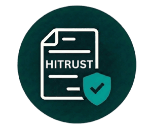 Icon of a document labeled HITRUST with a shield featuring a checkmark in front, symbolizing data security and compliance certification.