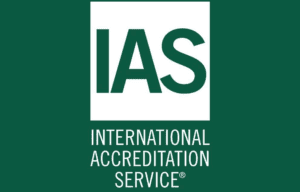 IAS logo with INTERNATIONAL ACCREDITATION SERVICE text in white on a green background and a white square containing large green letters IAS at the top.