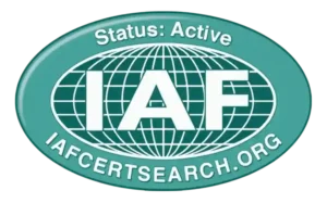 A green oval badge with the text Status: Active at the top, IAF in large letters over a globe, and IAFCERTSEARCH.ORG at the bottom.