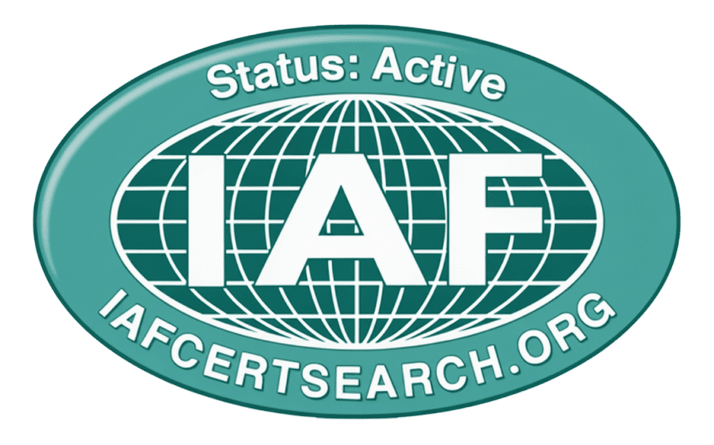 A green oval badge features a white globe grid with bold IAF letters, Status: Active above, and IAFCERTSEARCH.ORG below.