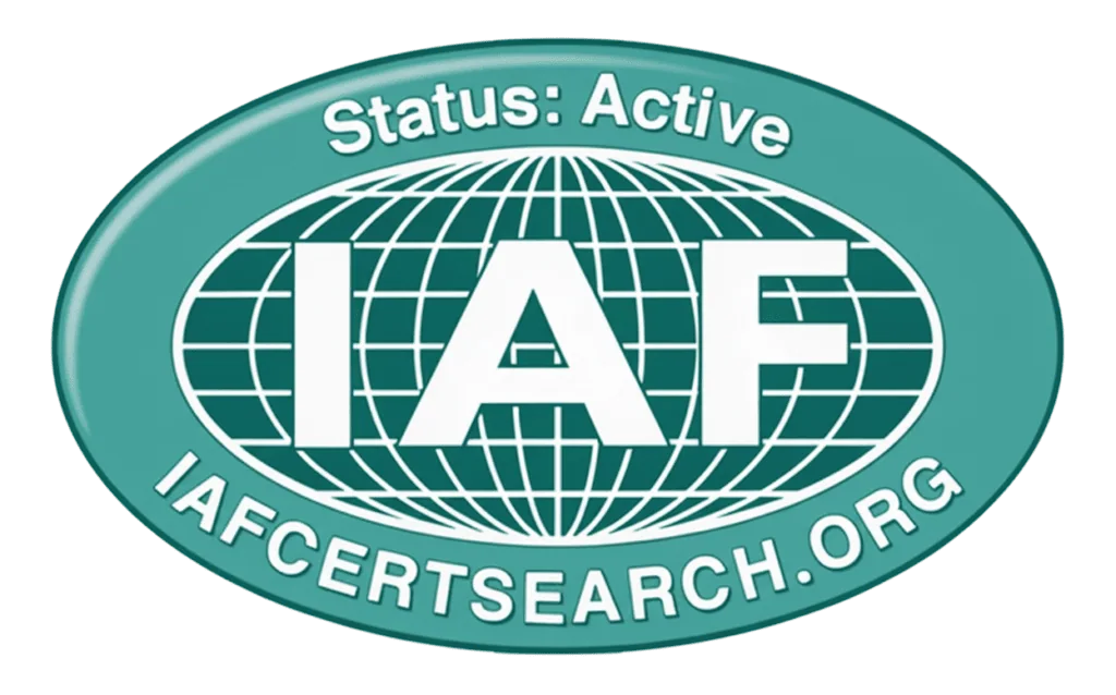 A green oval badge features a white globe grid with bold IAF letters, Status: Active above, and IAFCERTSEARCH.ORG below.