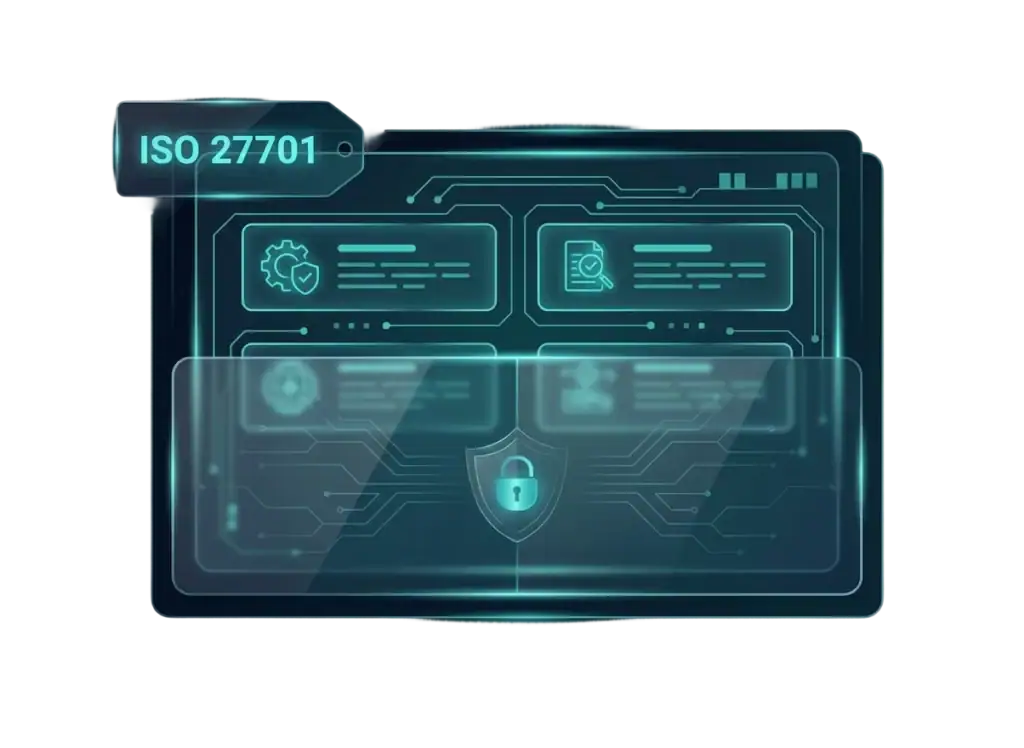 A futuristic digital interface displaying the ISO 27701 label and icons, with a shield symbol featuring a lock, representing information security and privacy management technology with ISO Certification.