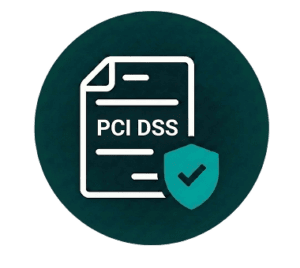 Icon of a document labeled PCI DSS next to a shield with a checkmark, symbolizing security and compliance with Payment Card Industry Data Security Standards.