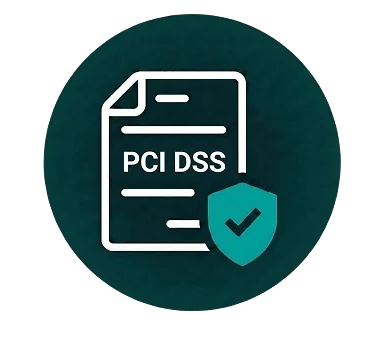 Icon of a document labeled PCI DSS next to a shield with a checkmark, symbolizing security and compliance with Payment Card Industry Data Security Standards.