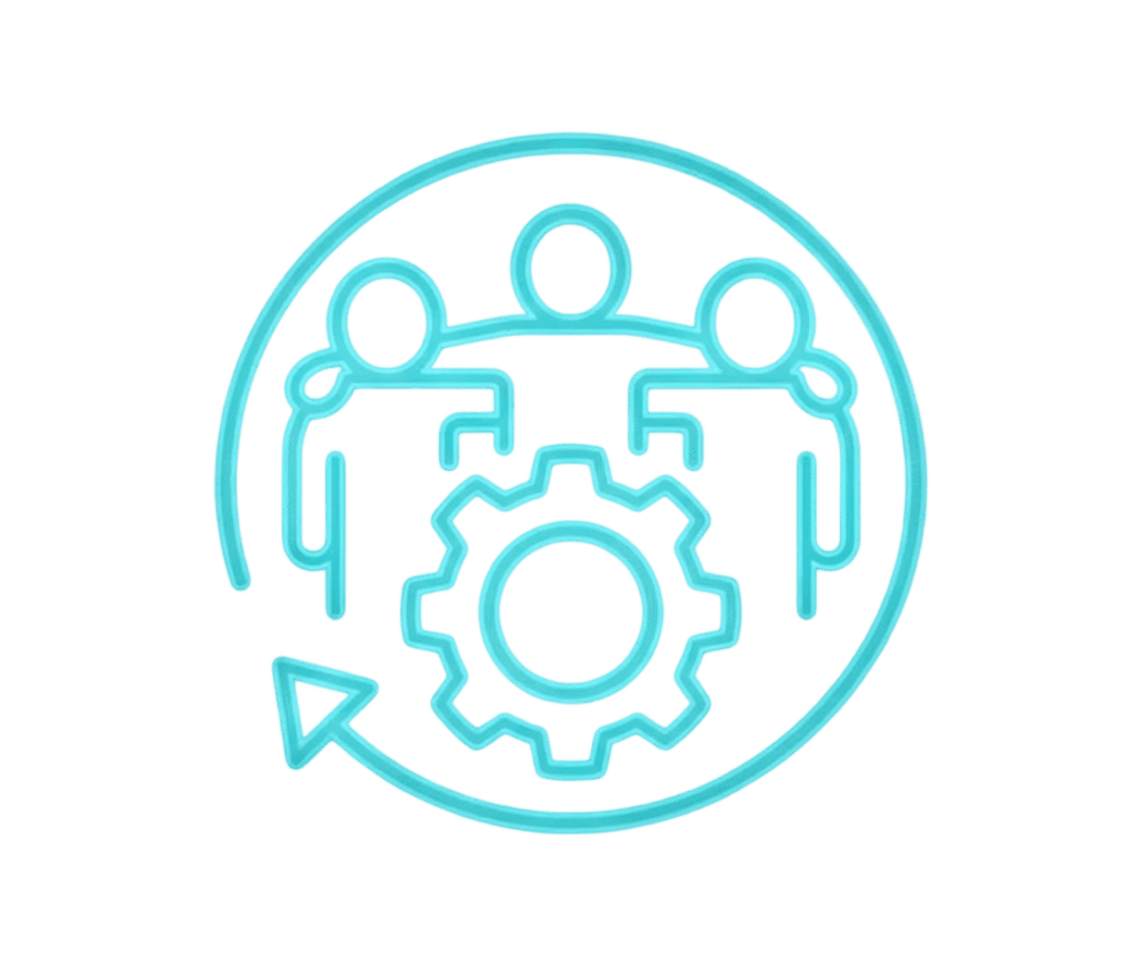 A blue outline icon of three people inside a circle, with a gear symbol and a curved arrow, representing teamwork, collaboration, or project management.