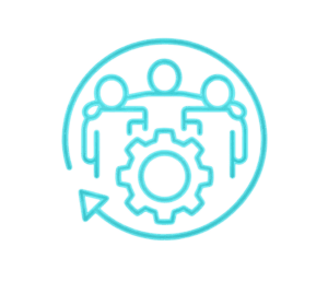 A blue outline icon of three people inside a circle, with a gear symbol and a curved arrow, representing teamwork, collaboration, or project management.