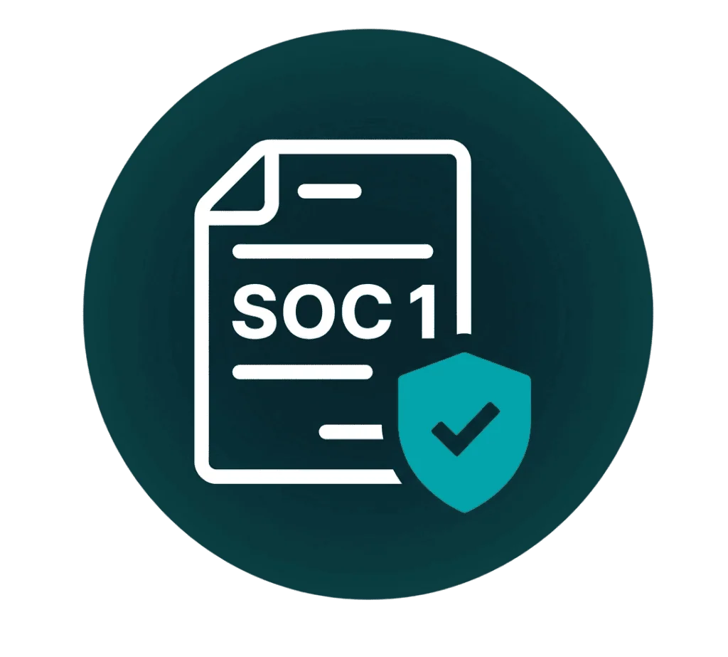White outline of a document labeled SOC 1 with a teal shield and checkmark in front, all set against a dark teal circular background, symbolizing security compliance or certification.