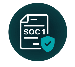 White outline of a document labeled SOC 1 with a teal shield and checkmark in front, all set against a dark teal circular background, symbolizing security compliance or certification.