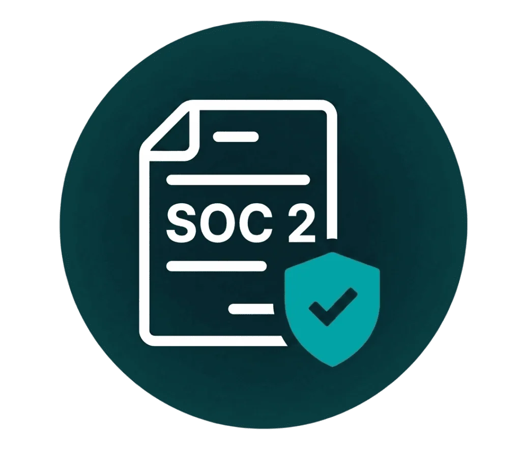 White outline of a document labeled SOC 2 with a teal shield and checkmark in front, set against a dark teal circular background, representing security compliance.