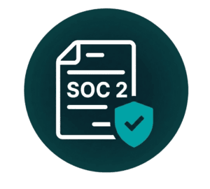 White outline of a document labeled SOC 2 with a teal shield and checkmark in front, set against a dark teal circular background, representing security compliance.