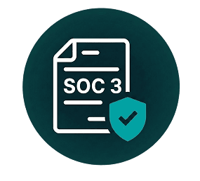 Icon of a document labeled SOC 3 with a shield and checkmark in front, symbolizing security and compliance. The graphic is set against a dark circular background.