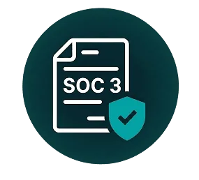Icon of a document labeled SOC 3 with a shield and checkmark in front, symbolizing security and compliance. The graphic is set against a dark circular background.