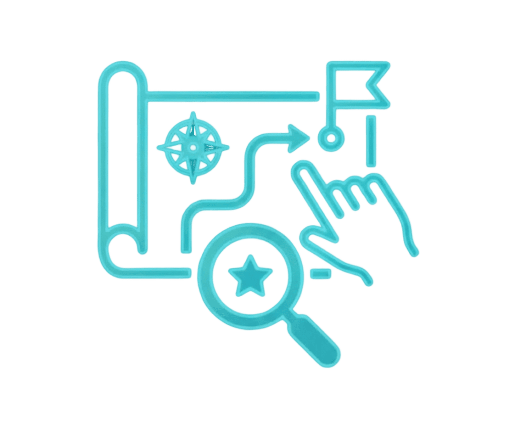 A blue icon showing a map with a compass, a marked route leading to a flag, a hand pointing, and a magnifying glass with a star inside, symbolizing navigation and exploration.