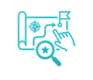 A blue icon showing a map with a compass, a marked route leading to a flag, a hand pointing, and a magnifying glass with a star inside, symbolizing navigation and exploration.
