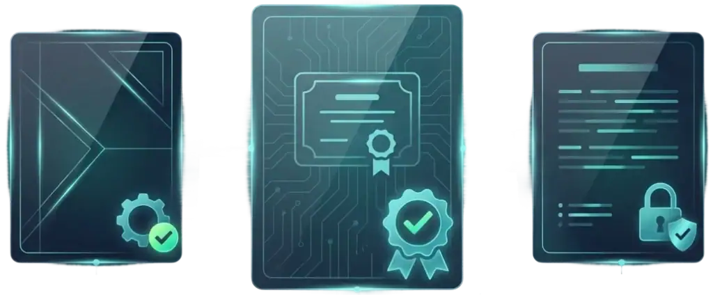 Three digital certificate icons: the first shows a document with a checkmark gear, the center has a circuit board pattern and certificate with ribbon, and the third features text with a padlock and a checkmark badge.