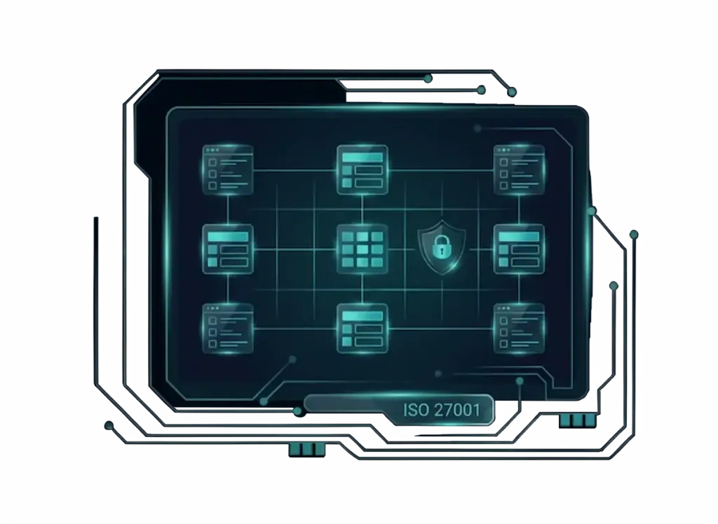 A digital interface displays interconnected icons representing files and security, with a shield and padlock symbol in the center to illustrate data protection. ISO 27001 Certification is labeled at the bottom.