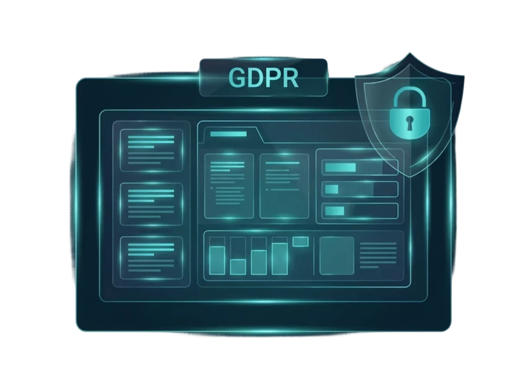 A digital interface labeled GDPR at the top, featuring data panels and a shield icon with a padlock, symbolizes gdpr services focused on data protection and privacy compliance.