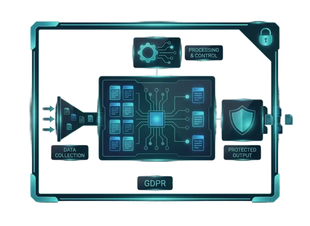A digital diagram shows data flowing from Data Collection through Processing & Control to Protected Output, all within a secure frame labeled GDPR. Icons highlight each step, showcasing gdpr services that emphasize protection and privacy throughout the process.