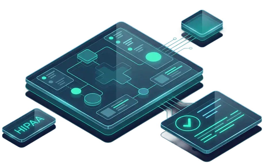 Futuristic digital illustration of interconnected computer chips and screens, one labeled HIPAA, representing secure, compliant data exchange in healthcare technology enabled by HIPAA Compliance services.