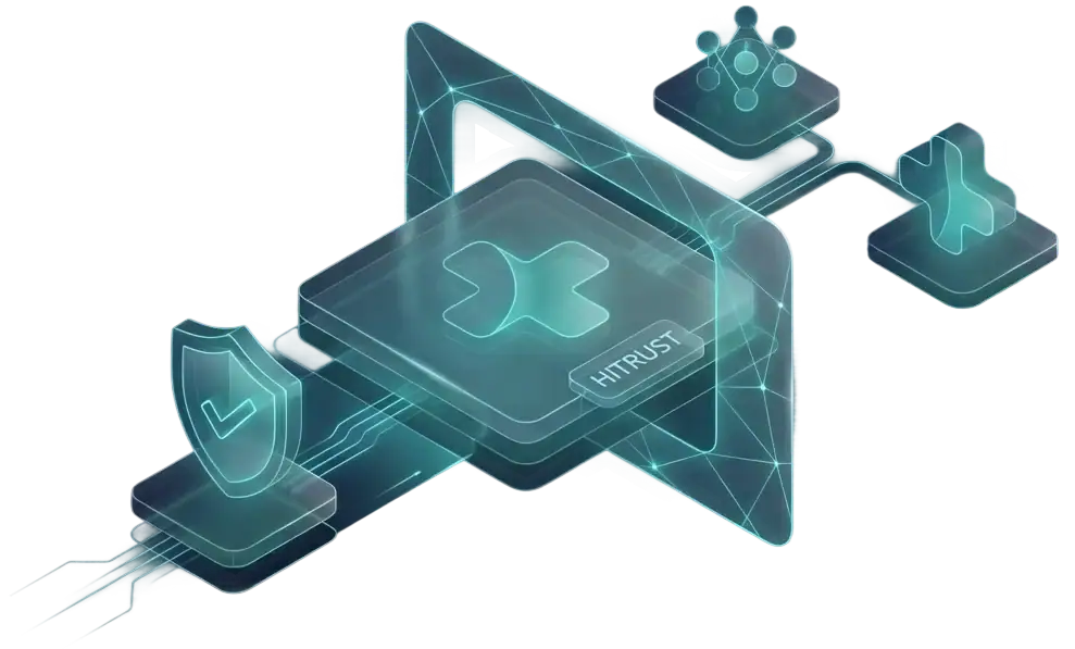 A digital illustration of interconnected translucent blocks with circuit-like lines, featuring a central block labeled HITRUST Assessment and icons of a shield, network nodes, and a cross.