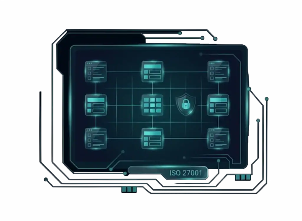 A digital illustration of a secure network diagram with interconnected nodes, a shield with a lock symbol, and an ISO 27001 ISO Certification label, representing information security management.