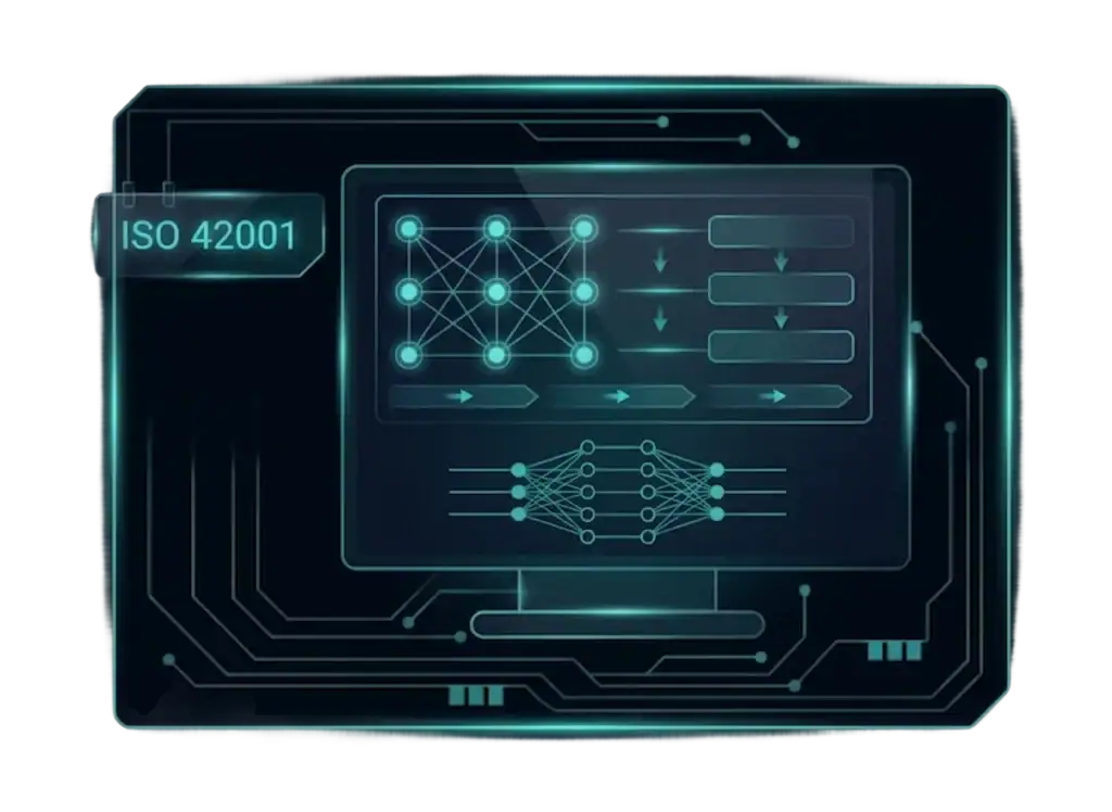 A futuristic digital interface displays neural network diagrams, flowcharts, and circuit patterns, with ISO 42001 Certification labeled in the upper left corner to represent advanced artificial intelligence standards.