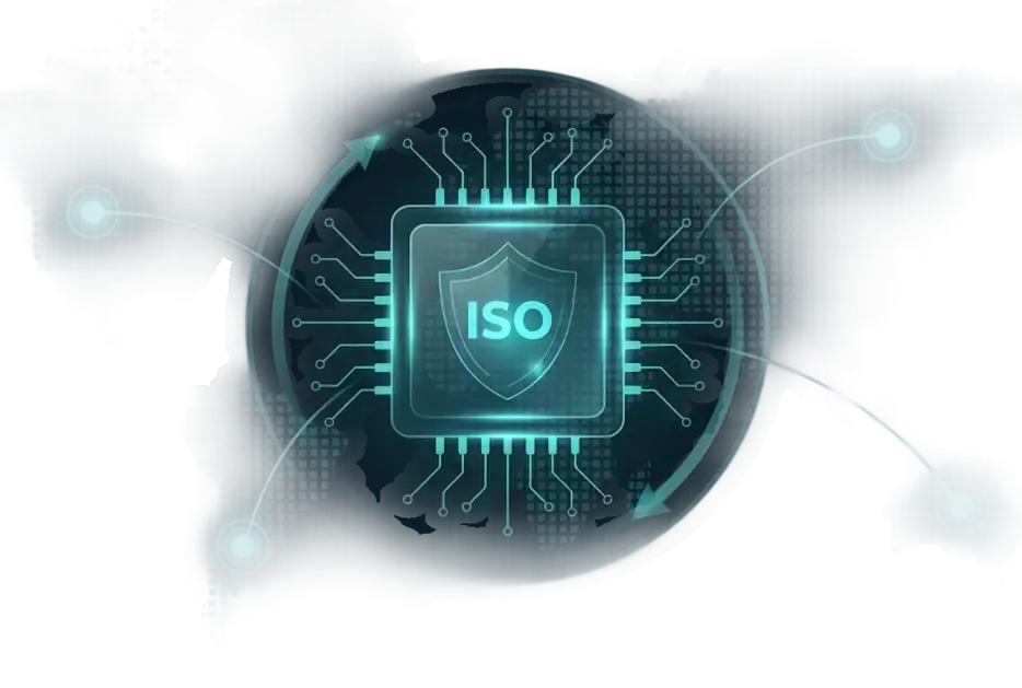 A glowing digital microchip with a shield labeled ISO Certification at the center, surrounded by circuit lines and arrows, set against a dark, futuristic background with abstract shapes.