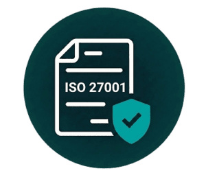 A circular icon with a document labeled ISO 27001 and a shield with a checkmark, symbolizing certified information security standards and protection.