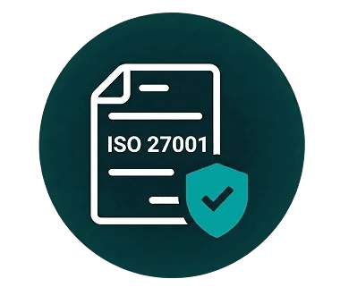 A circular icon with a document labeled ISO 27001 and a shield with a checkmark, symbolizing certified information security standards and protection.
